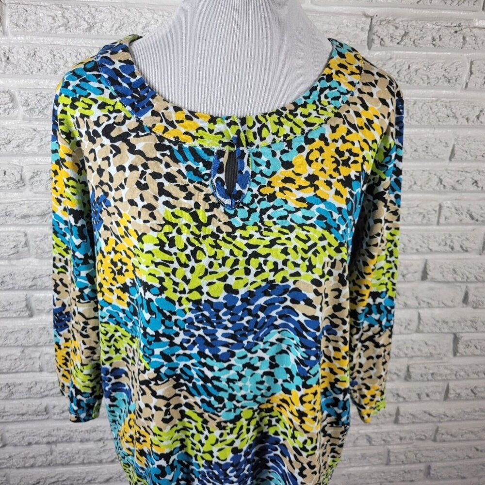 Rafaella Studio 2X Plus Blue Watercolor Knit Top 3/4 Sleeve Keyhole WAT70E - Picture 3 of 10